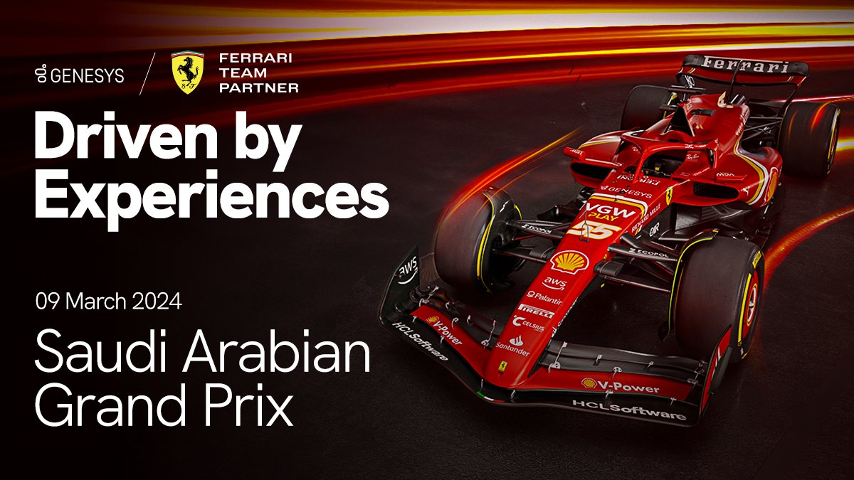 Genesys's tweet photo. Genesys and @ScuderiaFerrari share a passion for innovation and performance.

This weekend they set their sights on the #SaudiArabianGP and we’ll be cheering them on 👏
 
Good luck in Jeddah!🇸🇦
 
#DrivenByExperiences https://t.co/txlrC20ryl