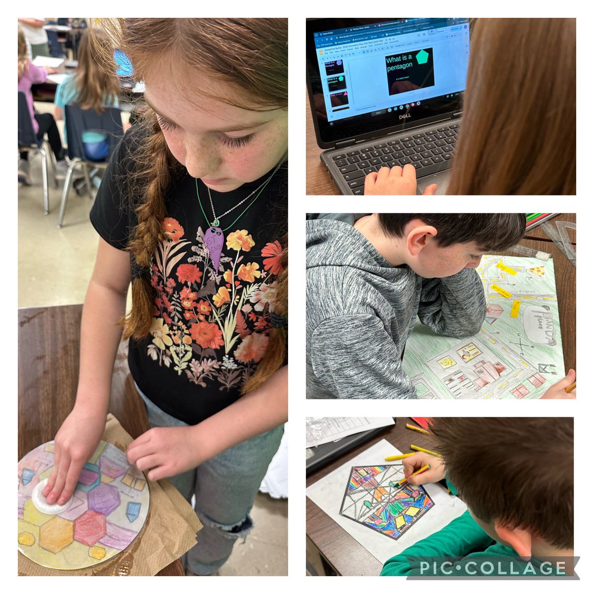 BarkerFinckCrew's tweet image. The #BestFourthGradersInTheDistrict bring creativity into #performancetasks Stain glass windows, towns, digital task cards, or free choice to showcase their understanding of geometry standards. #LetLearnersLead #StudentChoice #BigRoomBigGoals @deeperlearning #ITeachMath