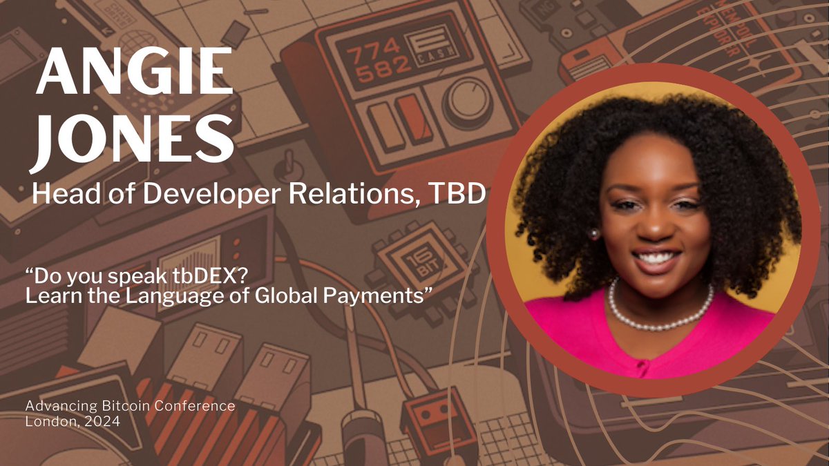 SPEAKER ANNOUNCEMENT 📣: @techgirl1908 Head of Developer Relations at @TBD54566975 will give a talk and a workshop on tbDEX: An Open Messaging Protocol for Money Movement at the Advancing Bitcoin Conference next week 14th March!! Get your ticket NOW advancingbitcoin.com