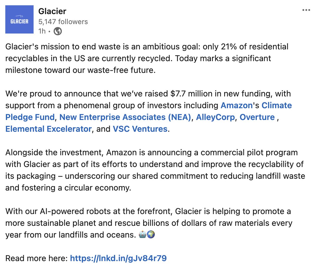 Abe Murray (@abemurray) on Twitter photo Congratulations to <a href="/RebeccaRecycles/">Rebecca Hu</a> and <a href="/areebmalik/">Areeb Malik</a> of <a href="/glaciertechinc/">Glacier</a> for their latest news / round. 🤖♻️
Great to see this go public - thrilled to be part of the Glacier story alongside great names and friends such as <a href="/NEA/">NEA</a> and <a href="/amazon/">Amazon</a>, <a href="/Overture_VC/">Overture Climate VC</a> and <a href="/VSCVentures/">VSC Ventures</a> ! Congratulations to <a href="/RebeccaRecycles/">Rebecca Hu</a> and <a href="/areebmalik/">Areeb Malik</a> of <a href="/glaciertechinc/">Glacier</a> for their latest news / round. 🤖♻️
Great to see this go public - thrilled to be part of the Glacier story alongside great names and friends such as <a href="/NEA/">NEA</a> and <a href="/amazon/">Amazon</a>, <a href="/Overture_VC/">Overture Climate VC</a> and <a href="/VSCVentures/">VSC Ventures</a> !