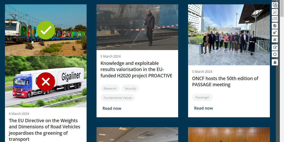 Please find the latest eNews articles on the EU Directive on Weights & Dimensions of Road Vehicles, the knowledge & exploitable results valorisation in the EU-funded H2020 project PROACTIVE, the @ONCFgroup hosting of the 50th edition of PASSAGE meeting. uic.org/com/enews/