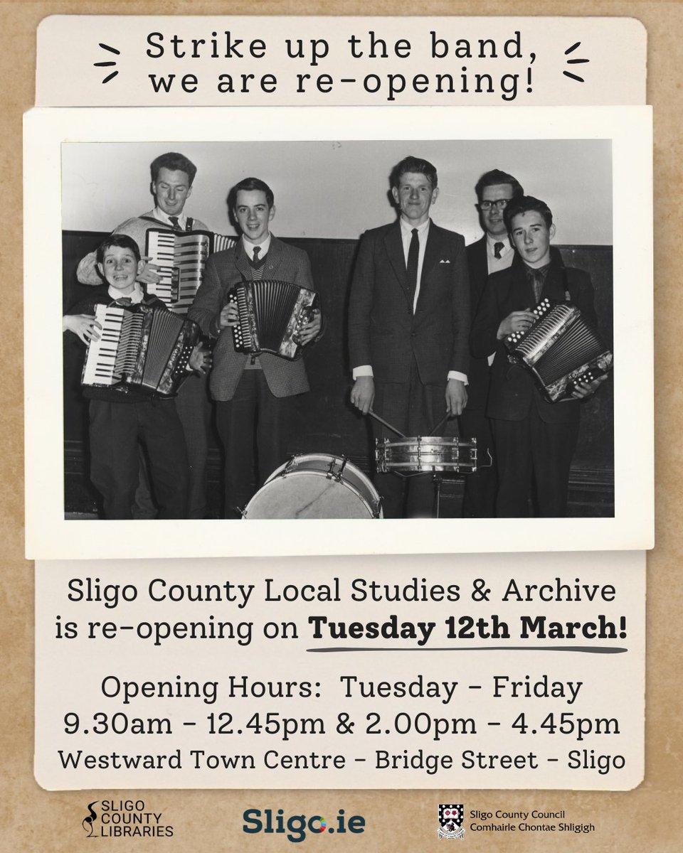Sligo County Local Studies & Archive is re-opening to the public on Tues 12th March. Opening Hours: 9.30am - 12.45pm & 2.00pm - 4.45pm Westward Town Centre, Bridge Street, Sligo For more info about our Local Studies & Archive visit: sligolibrary.ie/local-studies-… @sligococo @Sligo