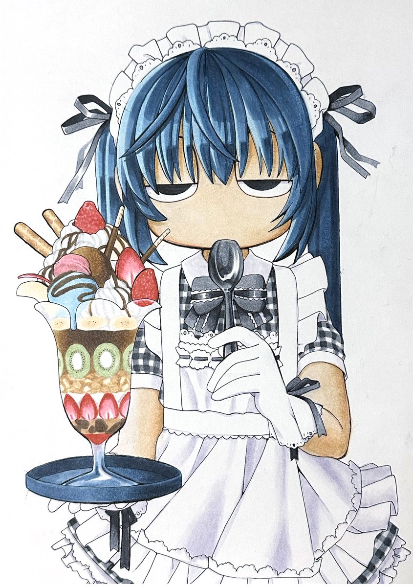 1girl solo gloves blue hair twintails white gloves maid headdress  illustration images