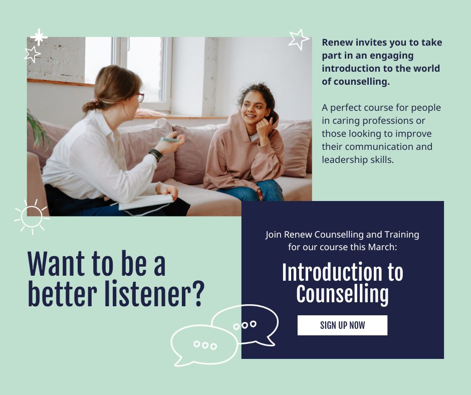 📢Final places available on our Introduction to Counselling course!

Join us for an engaging introduction to the world of counselling.

Find out more by heading to our website: renew.org.uk/.../introducti…
#introductiontocounselling #listeningskills #courses #essex #counsellingcourse