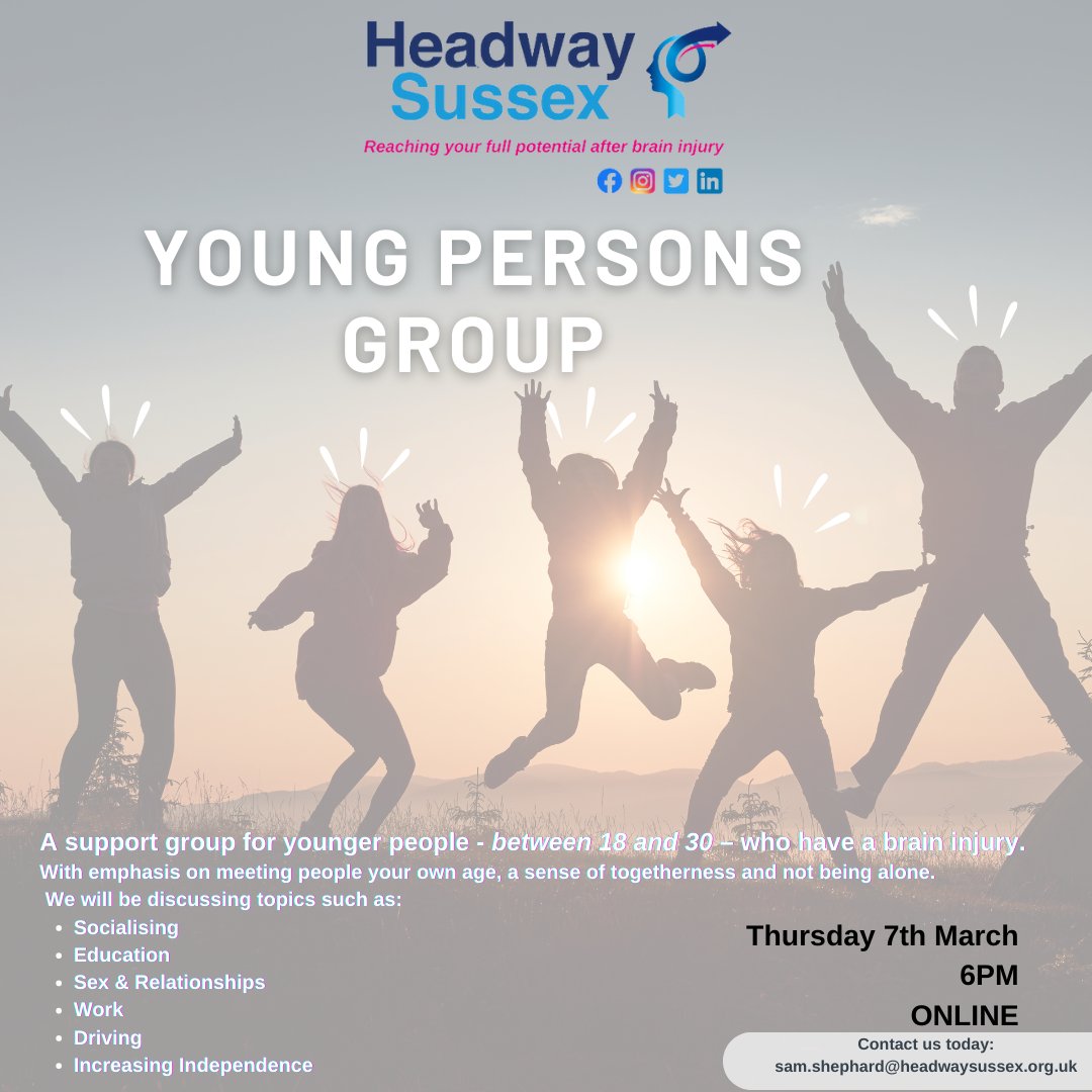 Calling all young individuals impacted by brain injury! 🧠 Our support group meets TOMORROW, Thursday 7th March, ONLINE at 6pm.

💬 Share your experiences.
🤝 Connect with others on a similar journey.
🌟 Find strength in community and support.
#HeadwaySussex #BrainInjurySupport