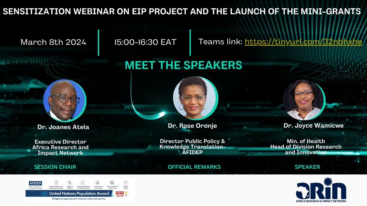 Join @arin_africa (ARIN) Fellows for a crucial sensitization webinar on Evidence-Informed Policymaking (EIP) & mini-grants launch, organized by @arin_africa, @AFIDEP & partners Date: March 8, 2024 Time: 3:00 PM - 4:30 PM EAT Link:shorturl.at/kntOQ #EIP #CapacityBuilding