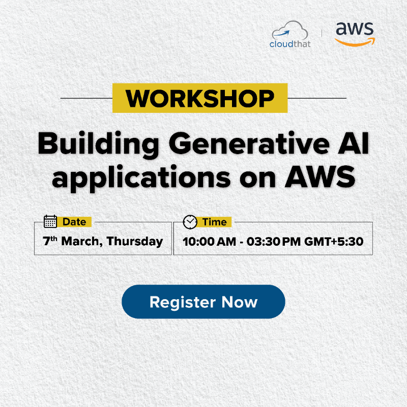 cloudthat's tweet photo. Ready to build Generative AI Applications on AWS? Join our free workshop hosted by AWS and CloudThat at the AWS office where you'll learn to develop the cutting-edge world of Generative AI on @AWScloud. 
#AI #AWS #GenerativeAI #Tech #AWSLeadership #AIApplications #CloudComputing