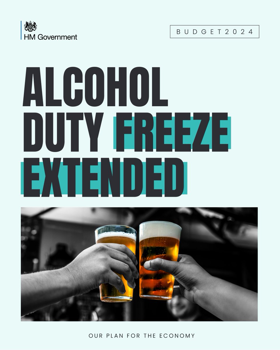 At the Autumn Statement, we froze alcohol duty for six months to provide stability for businesses.

Today we’re extending the duty freeze further – from Aug 2024 to 1 Feb 2025.

Cutting costs for breweries, distilleries, restaurants, nightclubs, pubs &amp; bars.