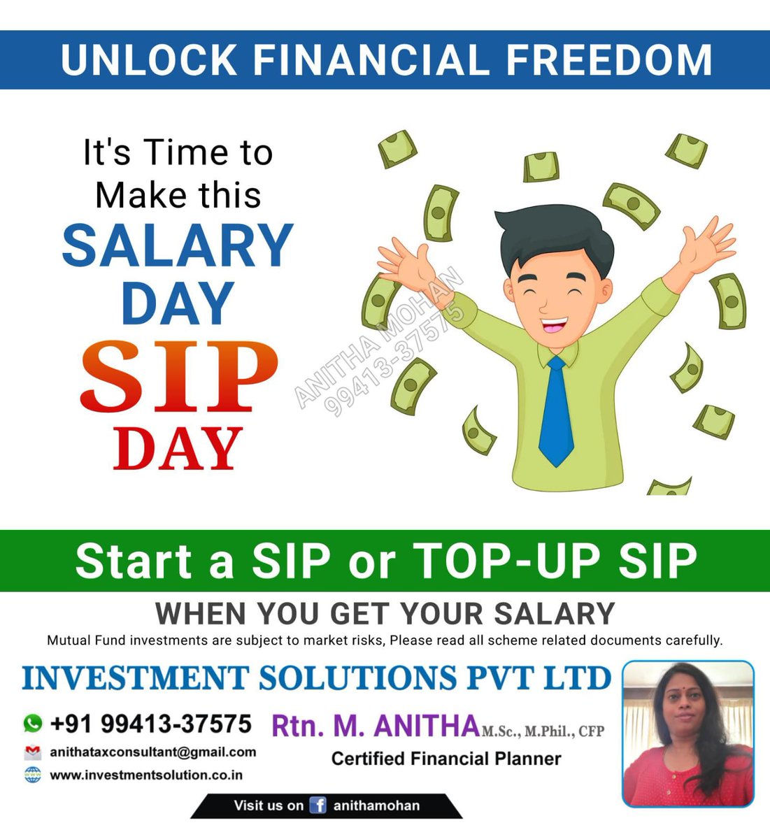 Anithamohan1978's tweet image. "Take Control of Your Finances: Commence a SIP or Top-up Your SIP Contributions Right When Your Salary Arrives!"

Anitha Mohan
Certified Financial Practitioner
9941337575

#financialplanning #righttimetoinvest #makeyoursalary
#investment #mutualfund #topupsip #startearly