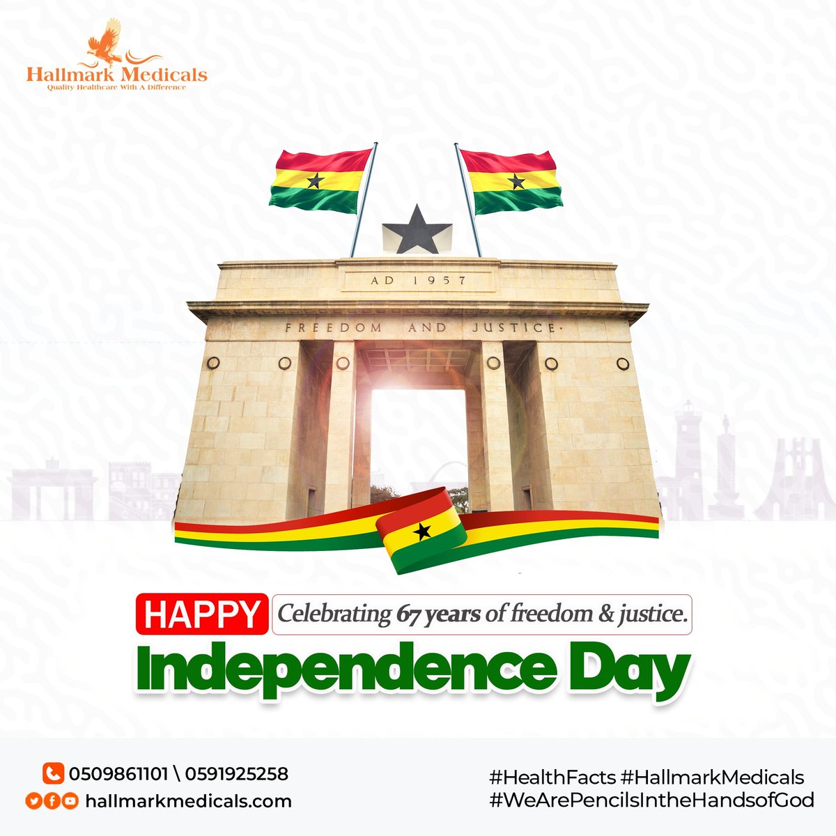 Happy Independence Day.

Celebrating 67years of freedom and justice. 

#HallmarkMedicals
#FertilityClinic
#independenceday
#GhanaAt67
#wearepencilsinthehandsofGod