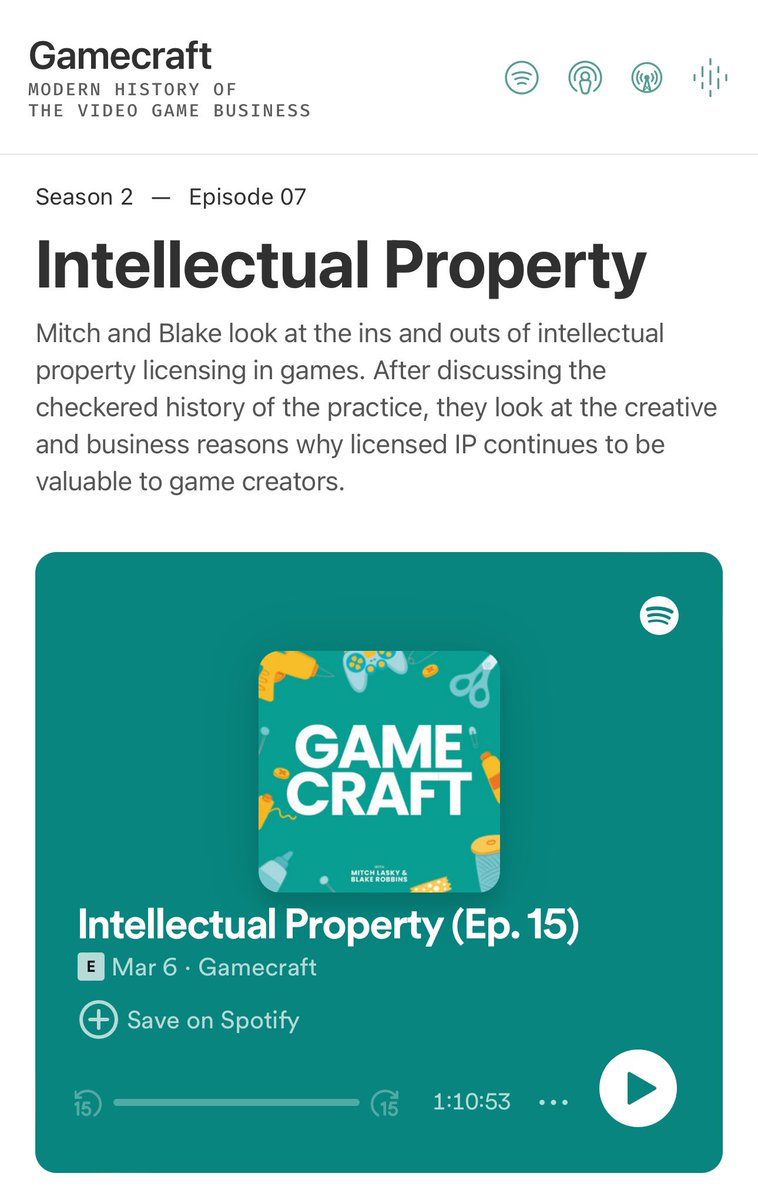 Gamecraft Podcast (@gamecraftpod) on Twitter photo π¨ NEW EPISODE
Intellectual Property (S2E7)
<a href="/mitchlasky/">Mitch Lasky</a> & <a href="/blakeir/">Blake Robbins</a> thoroughly examine the role of IP and video games.
A wide ranging conversation on the topic β IP arbitrages, EA Sports/FIFA, Epic/Disney, and Transmedia!
Now available on all platforms! π¨ NEW EPISODE
Intellectual Property (S2E7)
<a href="/mitchlasky/">Mitch Lasky</a> & <a href="/blakeir/">Blake Robbins</a> thoroughly examine the role of IP and video games.
A wide ranging conversation on the topic β IP arbitrages, EA Sports/FIFA, Epic/Disney, and Transmedia!
Now available on all platforms!