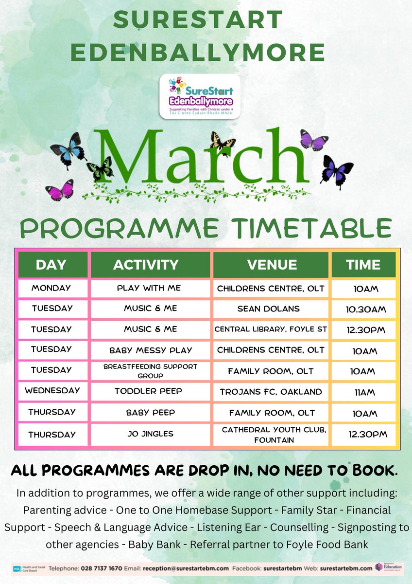 Morning everyone 👋☀️ Please see our March Timetable 🥰 All listed programmes are drop in so no need to book 😍 All registered families welcome 🥰