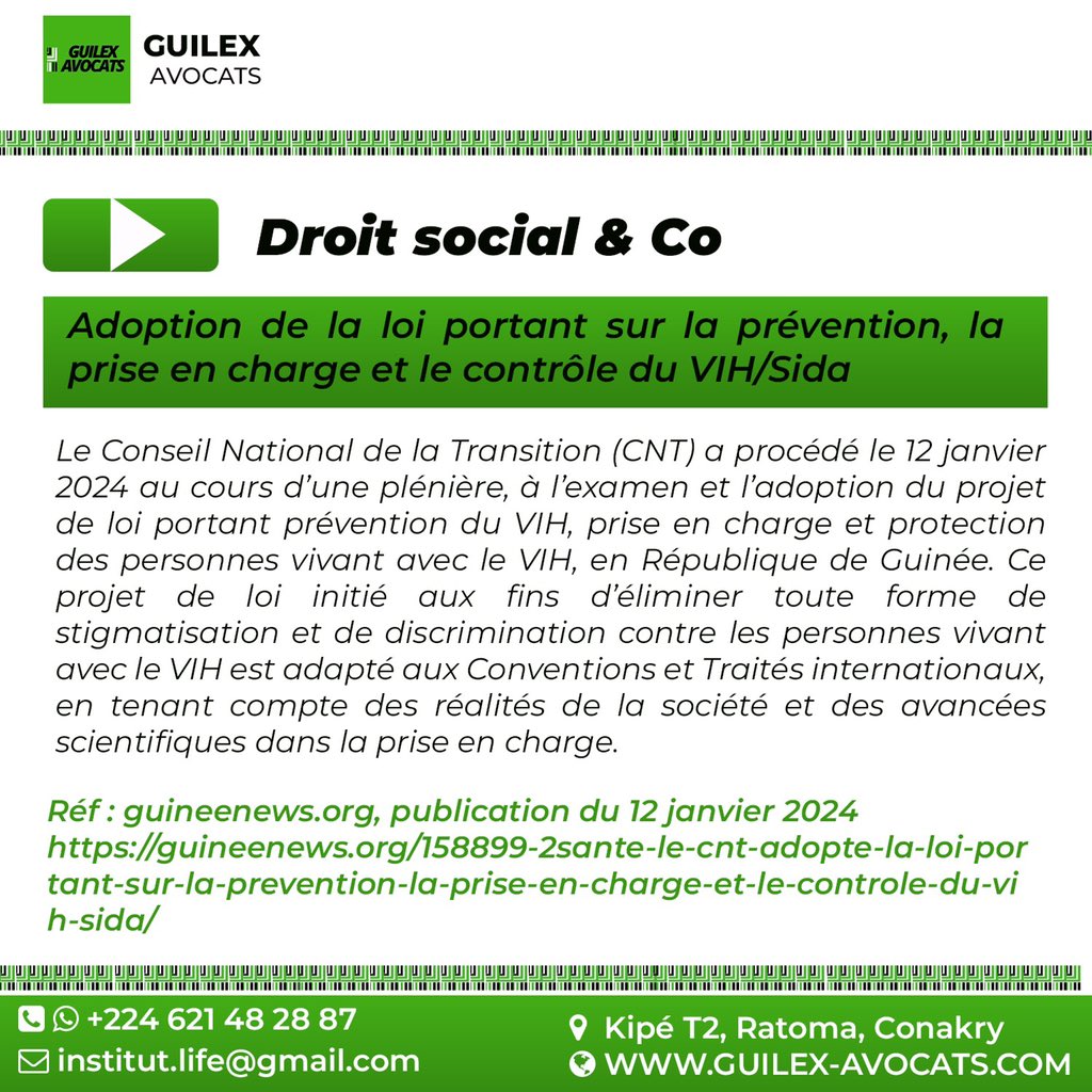 [DROIT SOCAL &amp; Co]: Adoption de la loi portant sur la prévention, la prise en charge et le contrôle du VIH/Sida