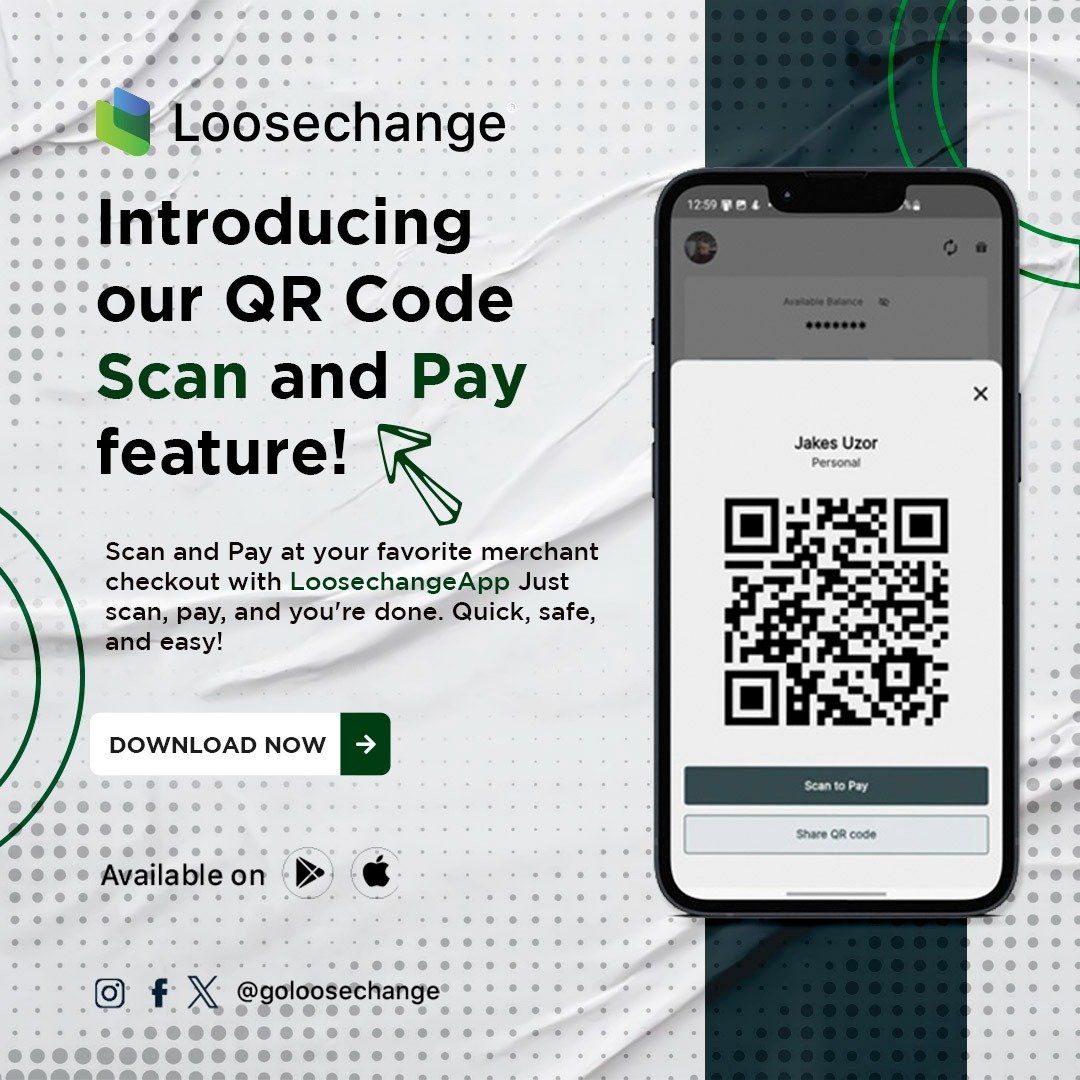 goLoosechange's tweet photo. Introducing our QR Code Scan and Pay feature! 📱💳 Say goodbye to cash and hello to convenience.

Simply scan the QR code at your favorite merchant's checkout and complete your transaction seamlessly with #LoosechangeApp.

It's fast, secure, and hassle-free!

BETTER THAN CASH, FASTER THAN CARDS

Download https://t.co/AwPbj4pcKU via Google playstore and Apple store now!!

 #ProductWednesday #payment #wednesday #cashless #services #fintech #Nigeria