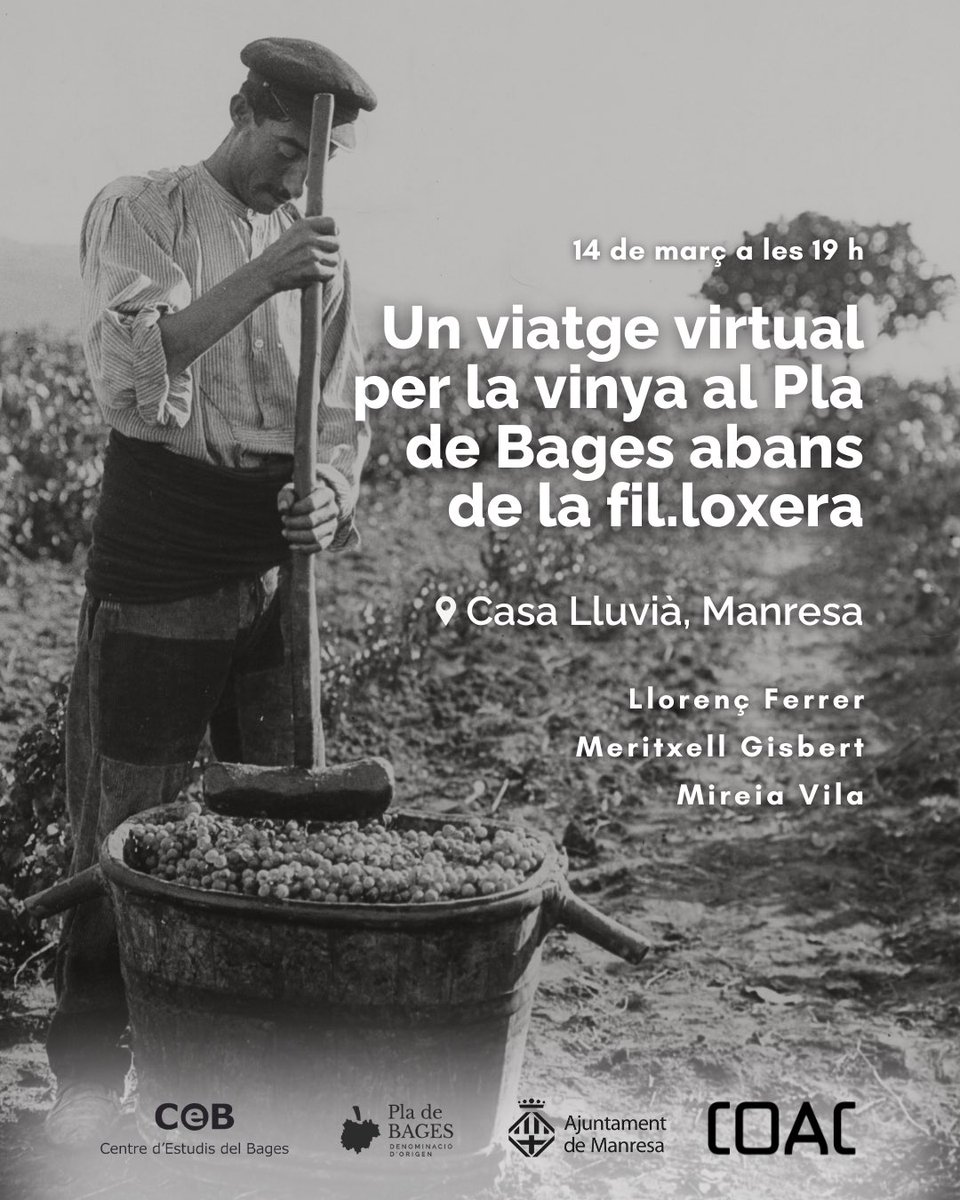 Acompanya'ns al viatge virtual per la vinya del Pla de Bages al XIX i primers del XX 🍇💫

Abans de l'arribada de la fil·loxera el Bages era un mar de vinya, hi van arribar a haver 27,700 hectàrees sent la comarca amb més vinya de Catalunya

Ho descobrirem en la reconstrucció