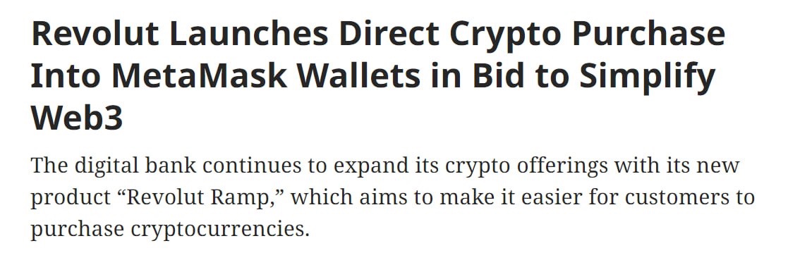 .<a href="/RevolutApp/">Revolut</a> has joined forces with self-custodial wallet <a href="/MetaMask/">MetaMask.eth 🦊</a> to offer Revolut Ramp, a feature that will let users top up their MetaMask wallets with their Revolut account.

coindesk.com/business/2024/…
