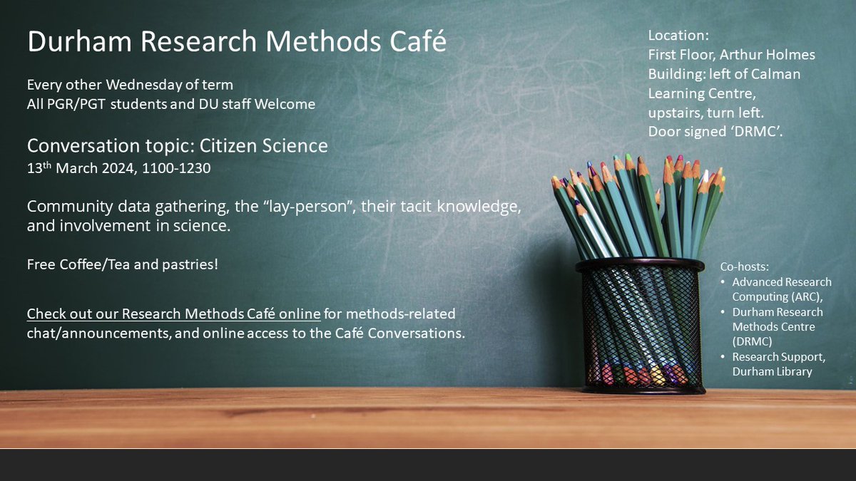 Durham Research Methods Café's next session will be running on Wednesday 13th March 2024 in person and online, 1100-1230. All PGR/PGT students and DU staff welcome. Conversation topic is 'Citizen Science'. More information here: dur.ac.uk/research/insti…