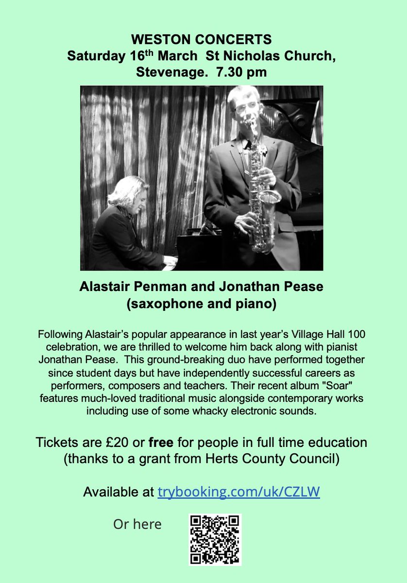 Our 2024 season showcases young musicians. Free entrance to children &amp; all in full time education. First concert at St Nicholas Stevenage on 16 March <a href="/Alastair_Penman/">Alastair Penman</a> and <a href="/jonathanepease/">Jonathan Pease</a> More details on westonmusicsociety.org.uk