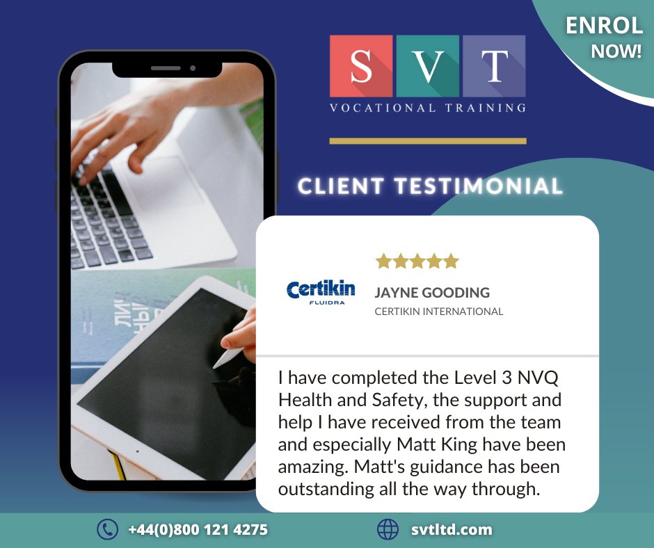 Jayne Gooding from <a href="/CertikinUK/">Certikin</a> has recently achieved the City &amp; Guilds Level 3 NVQ Certificate in Occupational Health and Safety with SVT. Congratulations to Jayne on this significant accomplishment! 😊

Call the SVT team for info on +44(0)800 121 4275 #svtltd #safety #education