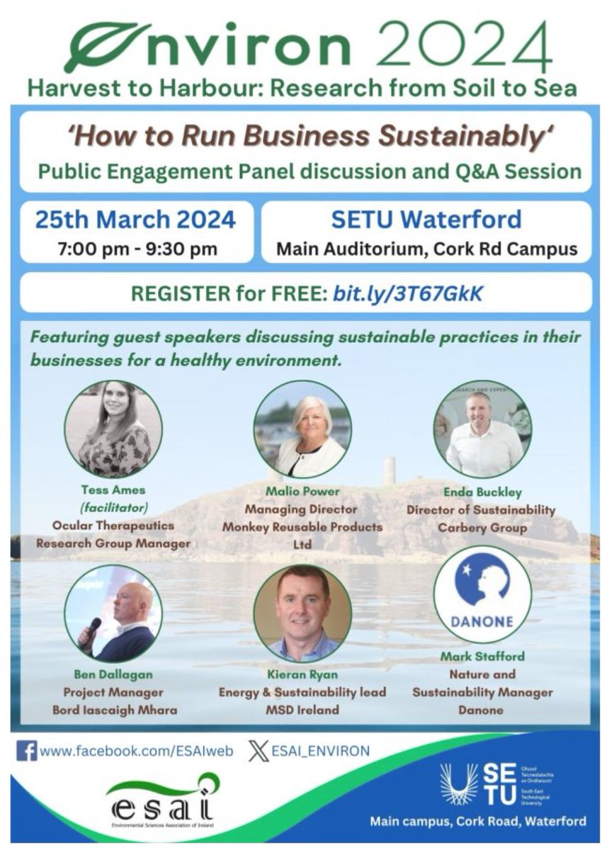 Join us on Monday 25th March for a free public event as part of #ENVIRON2024 @Setuireland Waterford on “How to Run Business Sustainably” with guest speakers discussing sustainable practices in their businesses. esaiweb.org/environ/public…