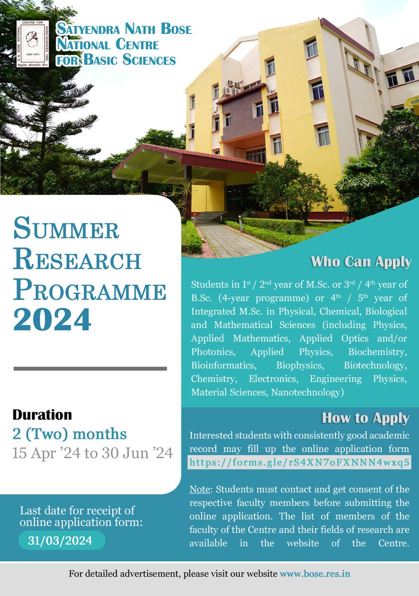 SNBNCBS Kolkata invites applications for Summer Research Programme – 2024 For more details please visit : bose.res.in/AcademicProgra… @IndiaDST @DrJitendraSingh