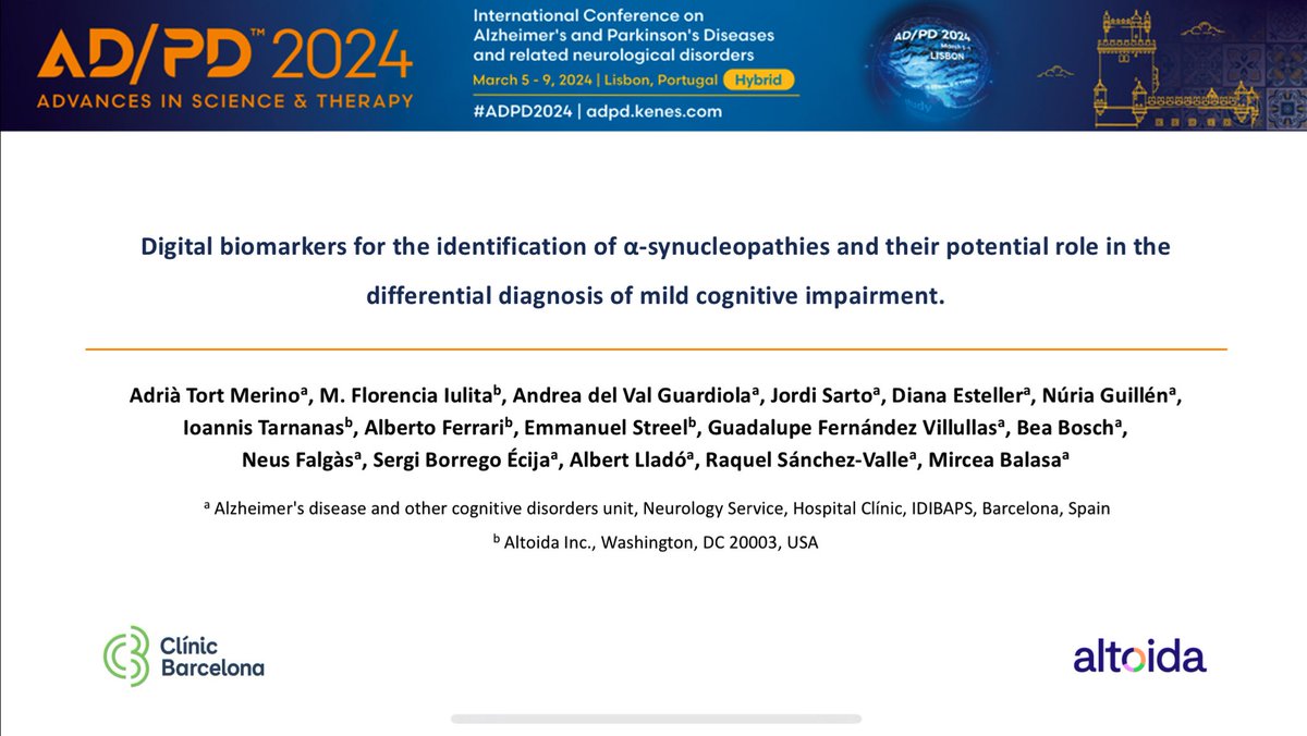 👋 Attending #ADPD2024 and interested in digital outcomes? Check out our on demand oral presentation “Digital biomarkers for the identification of alpha-synucleopathies […]” (ID 2175). Another great collaboration b/w @altoida & @Alz_ClinicBCN! @hospitalclinic @idibaps