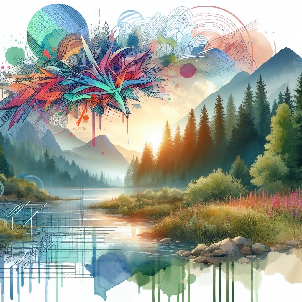 513148's tweet photo. New Prompt Challenge199;
Watercolour Landscape & Digital Graffiti:
“Compose a watercolor landscape that is serene and detailed, with elements of nature like forests, lakes, or mountains. Then, overlay this scene with bold, digital graffiti elements that contrast the peaceful background with vibrant, expressive lines and shapes. The graffiti should add a layer of modern expression to the traditional landscape, incorporating digital effects that make the overlays appear luminous or interactive.”