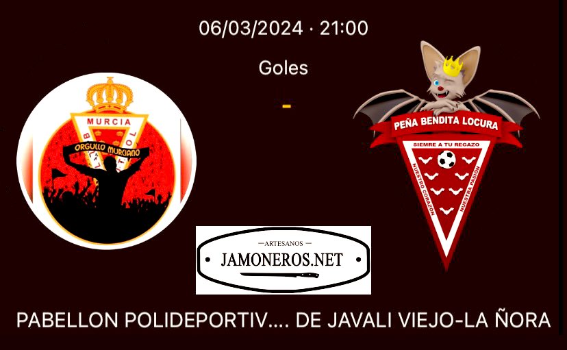 ⚔️ 𝗠𝗔𝗧𝗖𝗛𝗗𝗔𝗬 ⚔️

Hoy, Miércoles 6 de Marzo, nos enfrentamos a nuestros amigos de #orgullomurciano en la J11 de Liga <a href="/feperealmurcia/">FEPEMUR</a>.

⏱️21:00h✔️
📍Pab. Javalí Viejo (La Ñora)✔️

VAMOS BENDITOS LOCOS💪❤️🤍

<a href="/comprarjamonero/">Inmaculada Garrido</a> #BenditaLocura #Murcia #Fepemur
<a href="/P_BenditaLocura/">Peña Bendita Locura</a>