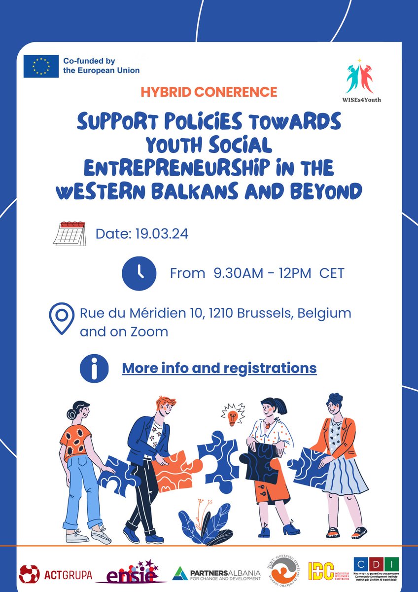 🤗 Join us for the final conference of #WISEs4Youth on empowering youth social entrepreneurship. Learn about successful initiatives and hear inspiring stories from young participants. 📅 March 19, 2024 📍 Brussels / 💻 Online via Zoom 🔗 Register now: bit.ly/3T6iPC5