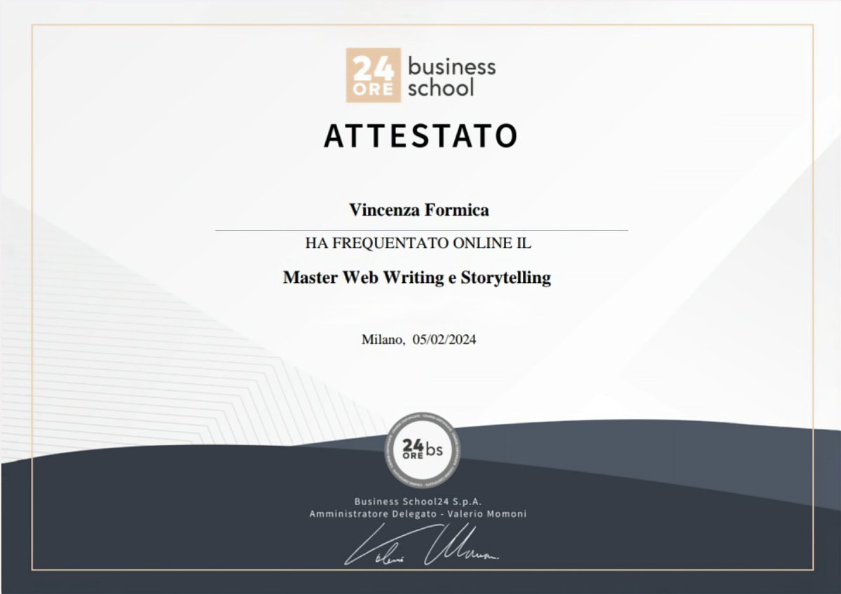 vinciformica's tweet image. Eccolo... l&apos;attestato del master in Web Writing che ho conseguito nel mese di febbraio 2024 presso la prestigiosa 24ORE Business School: un&apos;esperienza importante per la mia formazione professionale e per la mia crescita personale 
#master #writing #webwriting