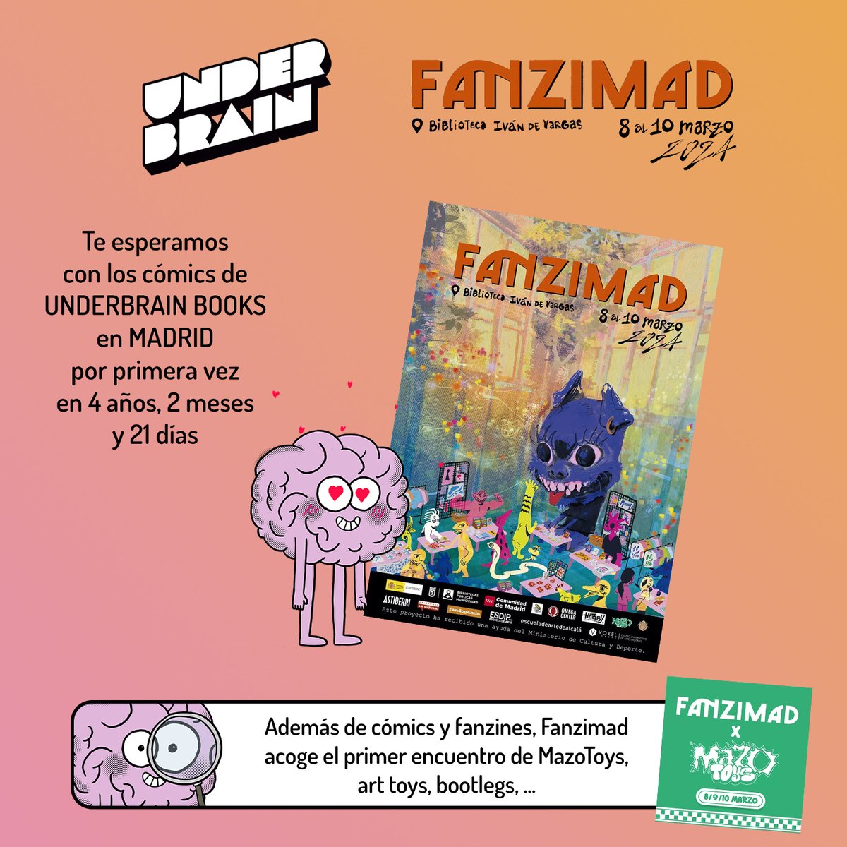 underbrain's tweet photo. ¡Ya tocaba! Con ganas de volver a Madrid para que veáis todas nuestras novedades de los últimos 4 años.
⚡ ¡Te esperamos en @fanzimad del 8 al 10 de marzo
@bpmmadrid Iván de Vargas (c/San Justo 5. Metro: Sol-Latina)
#fanzimad #fanzimad2024 #underbrainbooks #Madrid #MazoToys https://t.co/PBqUKxEBUS