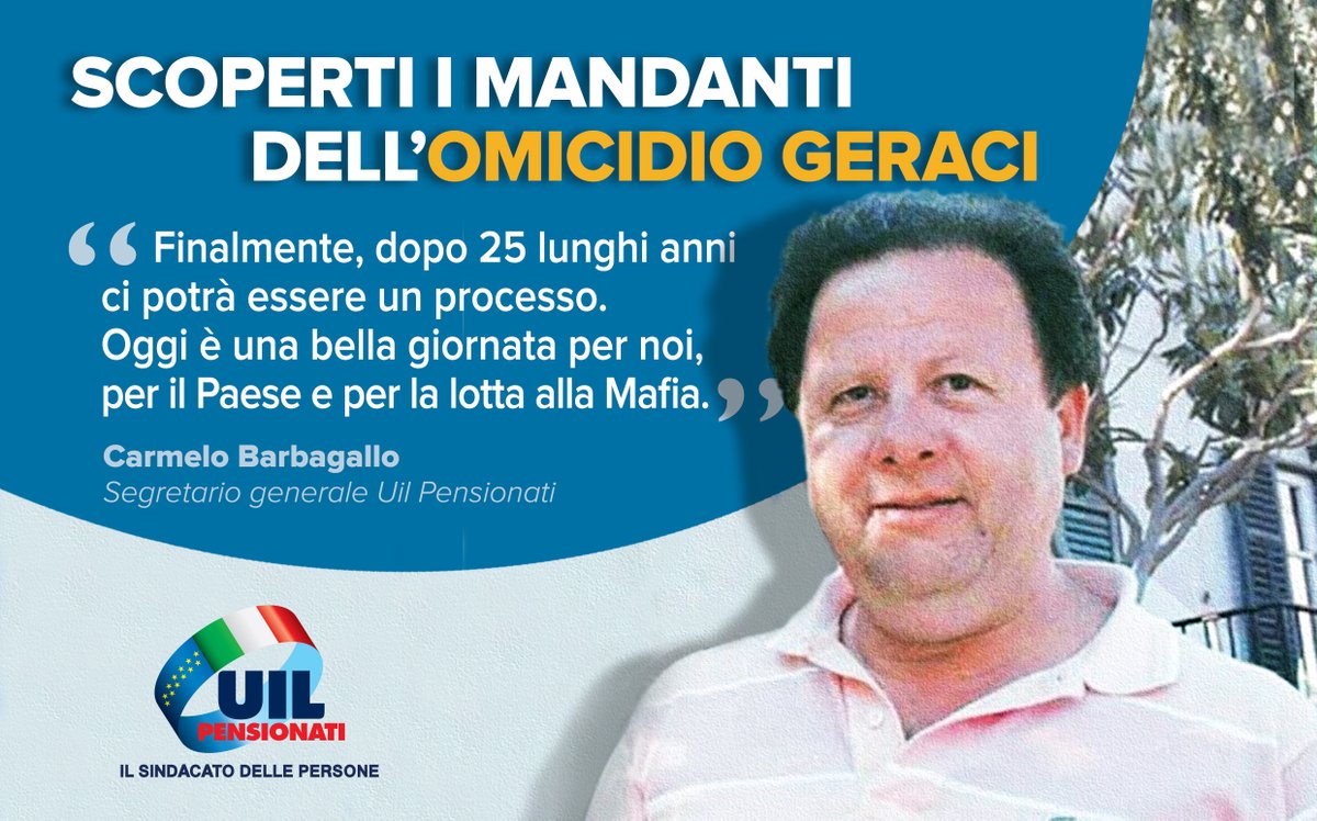 Scoperti i mandanti dell'omicidio #Geraci , Barbagallo: “Finalmente, dopo 25 lunghi anni ci potrà essere un processo. Oggi è stato sciolto uno di quegli oscuri misteri di Palermo e della Sicilia."
👉uilpensionati.it/news/omicidio-…