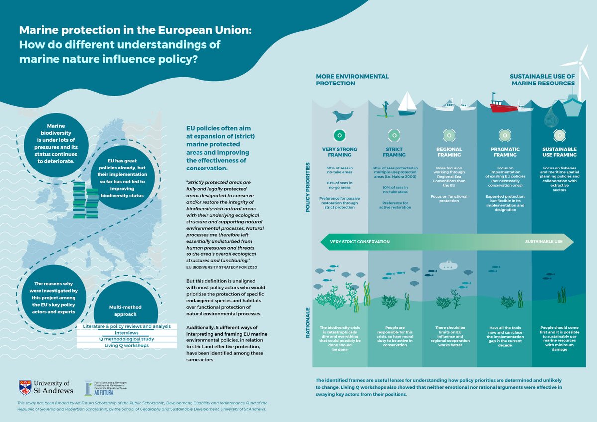 Final step of my PhD is now completed! My thesis is now available in the @univofstandrews Digital Repository (hdl.handle.net/10023/29438), but a main results are summarised here! Basically, different understandings of EU marine policies exist & influence policy implementation!🪼🐳🌊