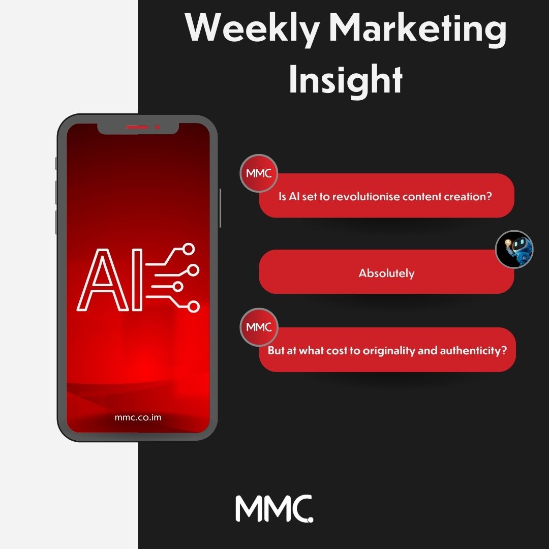 MMC_IOM's tweet photo. AI's rapid content creation raises concerns about originality. Brands must emphasise unique perspectives and authenticity to stand out. Need help? Contact MMC for personalised content solutions https://t.co/A5rbl3OppF

#WeeklyMarketingInsight #DigitalMarketing #AI https://t.co/COo8m2wfUi