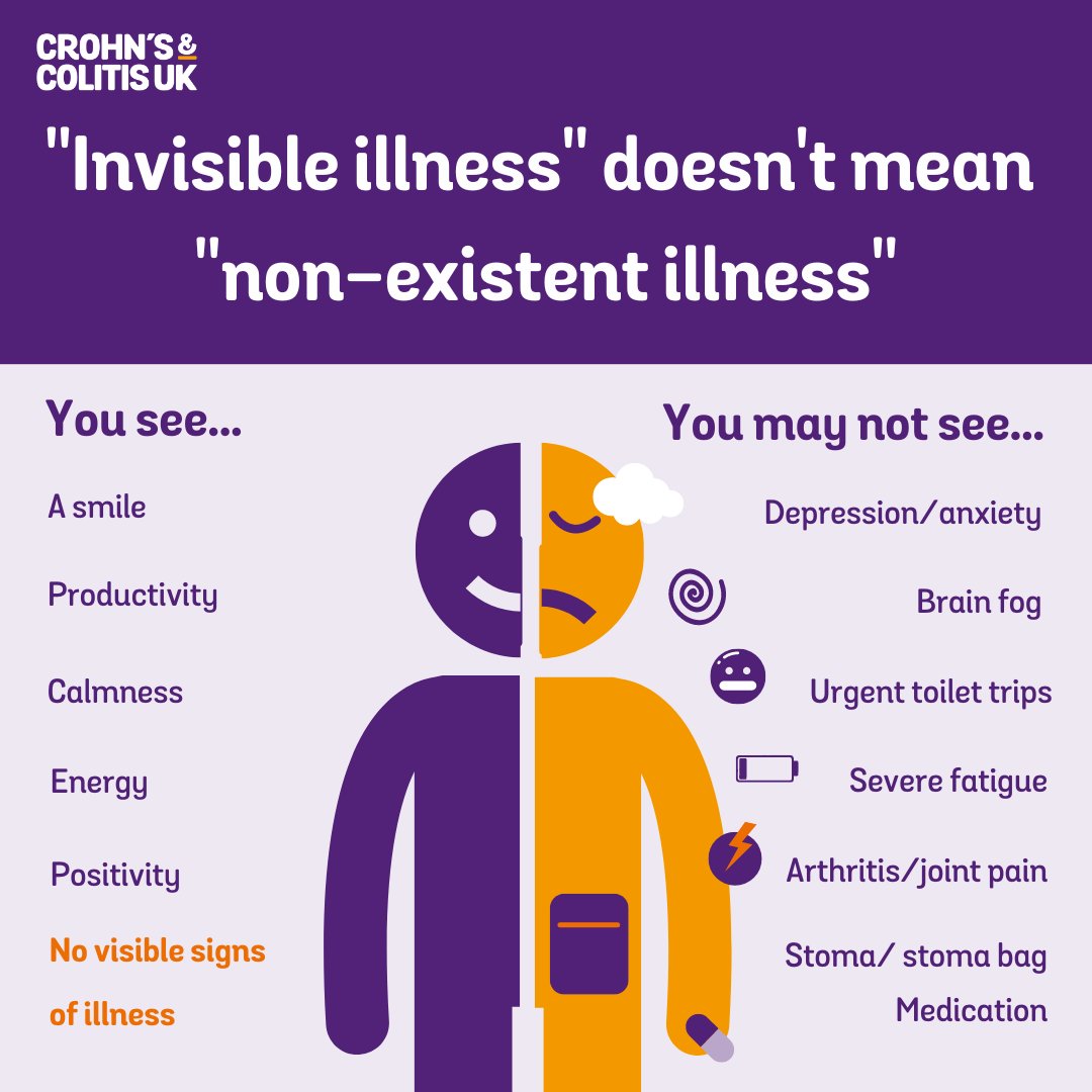 Invisible illnesses can come with their own unique challenges. Someone's outward appearance might not really show how they're feeling physically or mentally, so remember to be kind 💜

#Crohns #Colitis #IBD