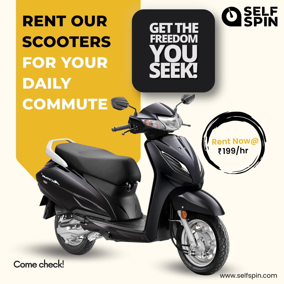 Elevate Your Daily Commute: Rent Our Scooters for Effortless Travel!🚲🔒

#SelfSpin #Pune #Bengaluru #RentalServices #BikeRental #ConvenientCommute #DailyCommute #ScooterRental #FreedomOnWheels #SelfDrive #AnytimeAnywhere