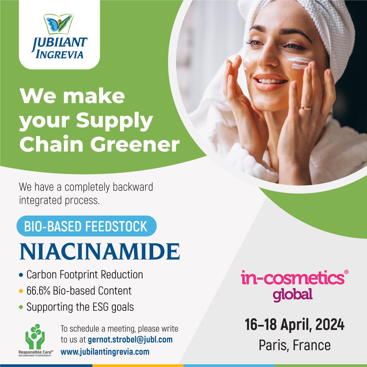 ingrevia's tweet photo. We make your Supply Chain Greener.
To know more, please meet us at In-Cosmetics Global, Paris, France
16th-18th April, 2024
Drop us an email at gernot.strobel@jubl.com.
#Niacinamide #CarbonFootprintReduction #BioBasedContent #ESGgoals #Jubilant #Ingrevia #JubilantIngrevia https://t.co/rGd0xzQ6gj