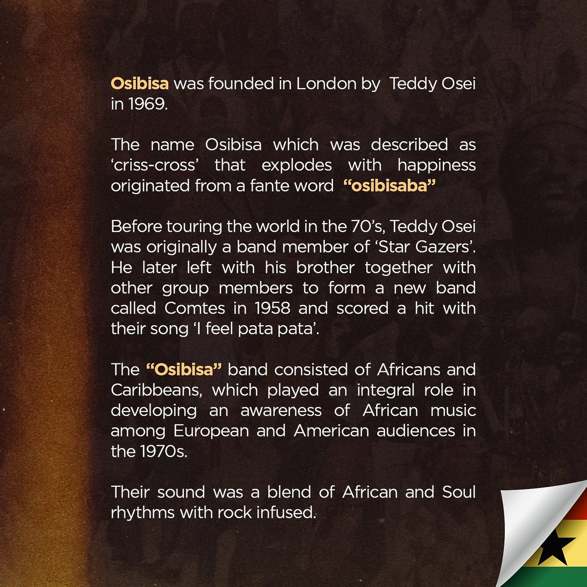 Eagleplug_'s tweet image. In celebration of Ghana’s independence day, we hero Osibisa for their unique influence on Ghanaian and African music. 

Whiles we celebrate Ghana’s independence, we also celebrate the huge impact Osibisa has had on the afro music sound. 🇬🇭🇬🇭🇬🇭
#ghanaat67 #6thmatch #eagleplug