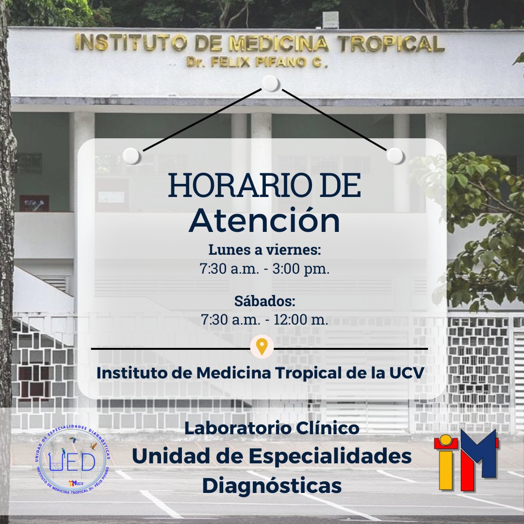 imt_ucv's tweet image. Hemos extendido nuestro horario de atención hasta los días sábados, para su mayor comodidad
Nuevo horario
De Lunes a viernes de 7:30 a.m. a 3:00 p.m.
Sábados de 7:30 a.m. a 12m.
Para mayor información llamar al 0212-605.35.89 o escribir al correo uediagnosticasimt@gmail.
com