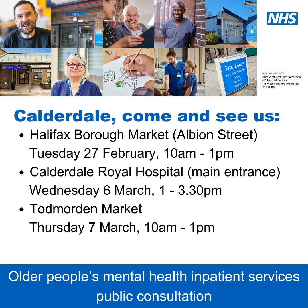 Today's drop-in session at Calderdale Royal Hospital starts in an hour. Please pop in and give us your views on the future of older people’s mental health inpatient services. Find out more here: southwestyorkshire.nhs.uk/opsconsultation