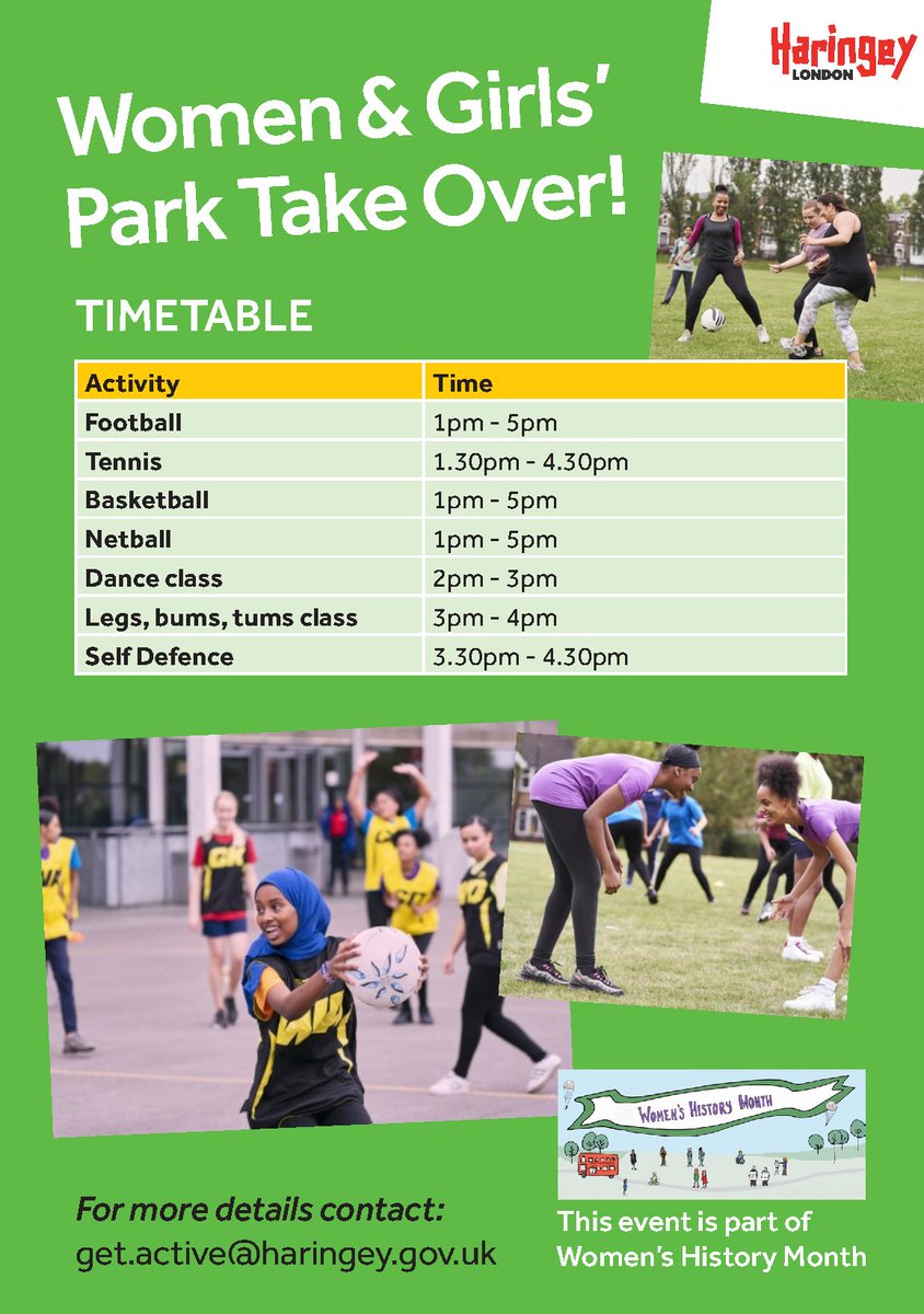 WOMEN & GIRLS PARK TAKEOVER! Come along to this showcase of activities taking place in Down Lane Park! #activities #freeactivities #getmoving #n17 #tottenhamhale #downlanepark #football #tennis #basketball #netball #dance #selfdefence #seeittryitloveit