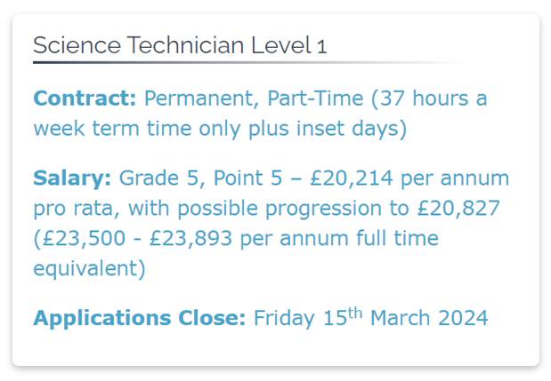 Current vacancy for a Science Technician - closing date Friday 15th March. Duties include preparation &amp; maintenance of science experimental apparatus + resources for lessons as part of technical team. 
Full job description &amp; application form here: thomas-hardye.net/contact/vacanc…
#jobs