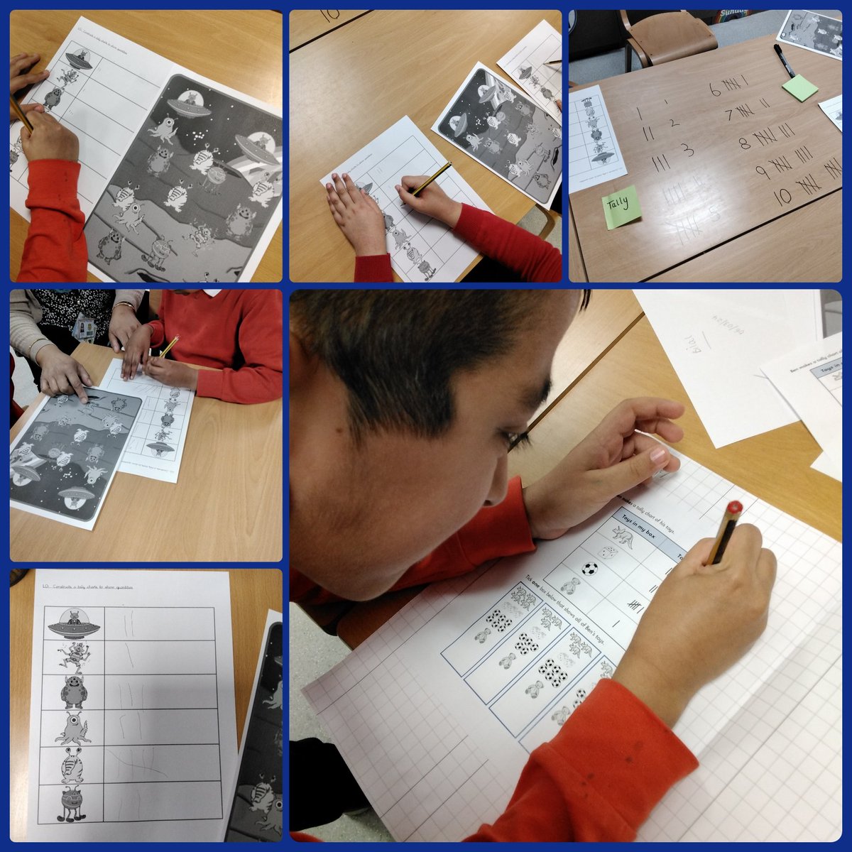 MarlboroughPrim's tweet photo. #shootingstars We are creating tally charts. We counted how many aliens we could see and then represented the quantity using tally marks. Mrs Bowen then challenged us with a problem solving task. #statistics #tallychart #counting #problemsolving #maths https://t.co/WjNcPw8R4D