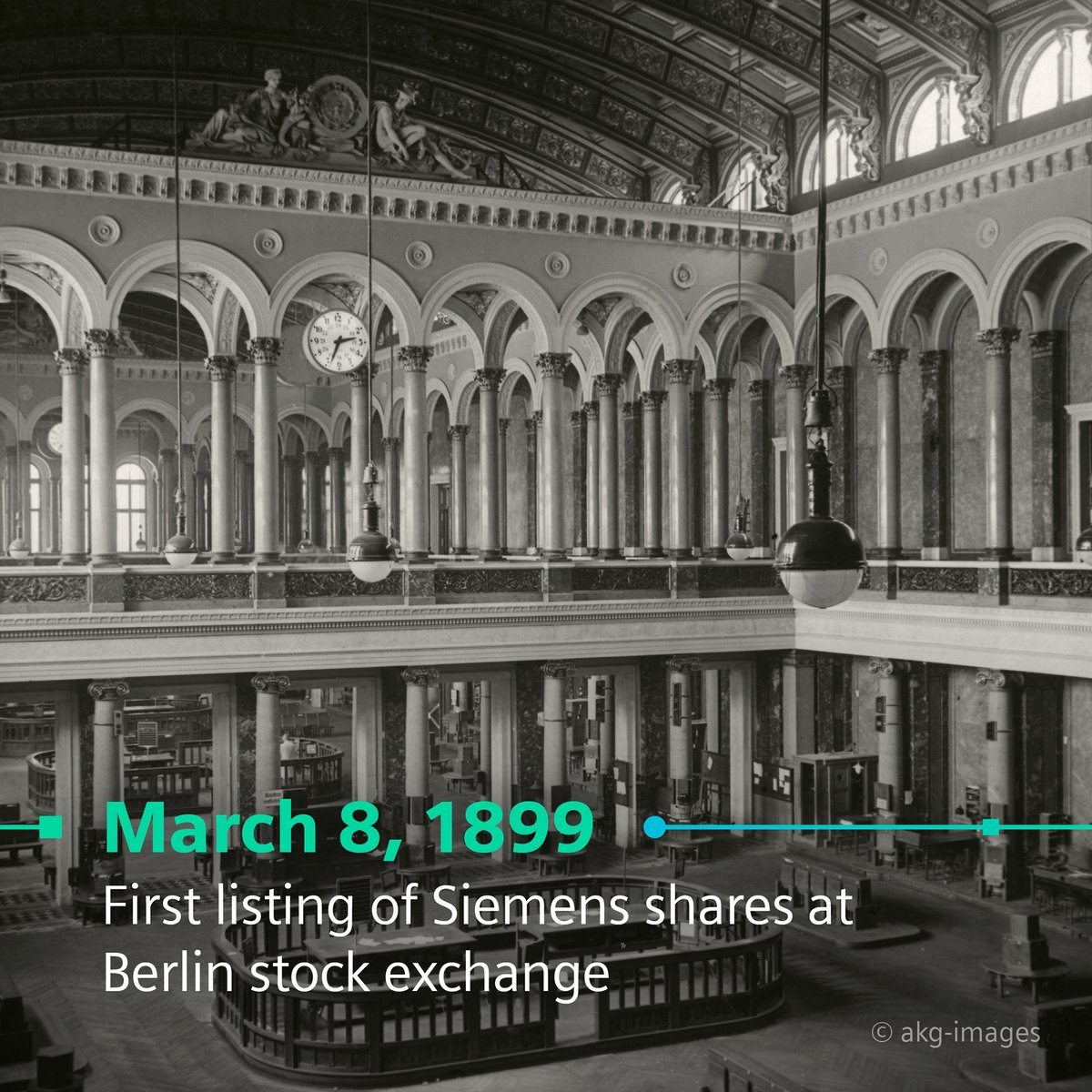 Siemens's tweet photo. Today, we’re celebrating our 125th year on the stock exchange 📈
On March 8, 1899, Siemens shares were traded for the first time on the floor of the Berlin Stock Exchange.
We’re one of the oldest continuously listed companies in Germany’s stock-exchange history! #SiemensHistory