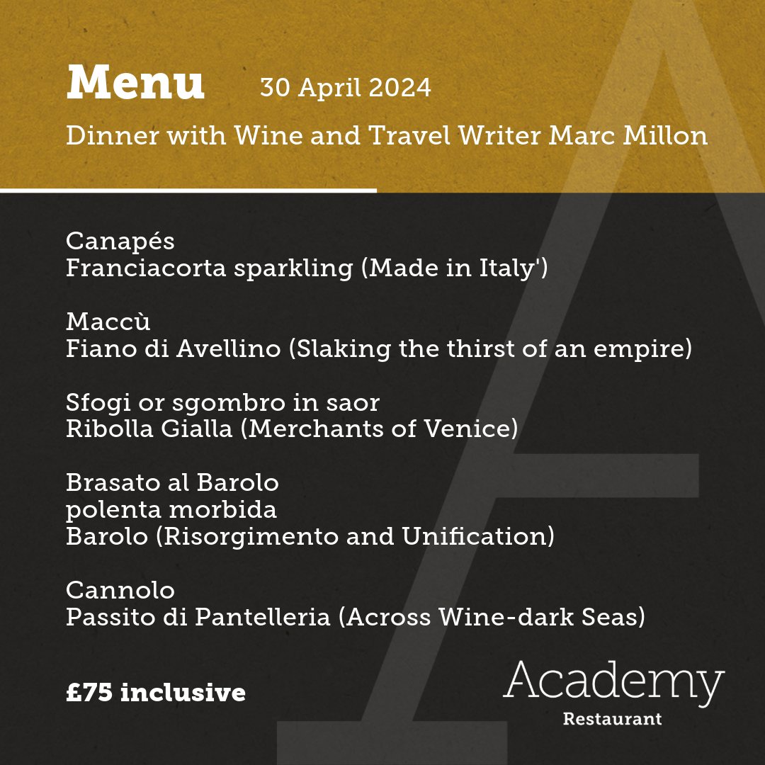 🍷Take a look at our beautifully crafted menu and experience Italy at our upcoming Culinary Salon Dinner with the acclaimed Marc Millon 30 April | 7pm | £75 Inclusive 🎟️ Tickets are now available! Secure your spot via email academyrestaurant@ulster.ac.uk.