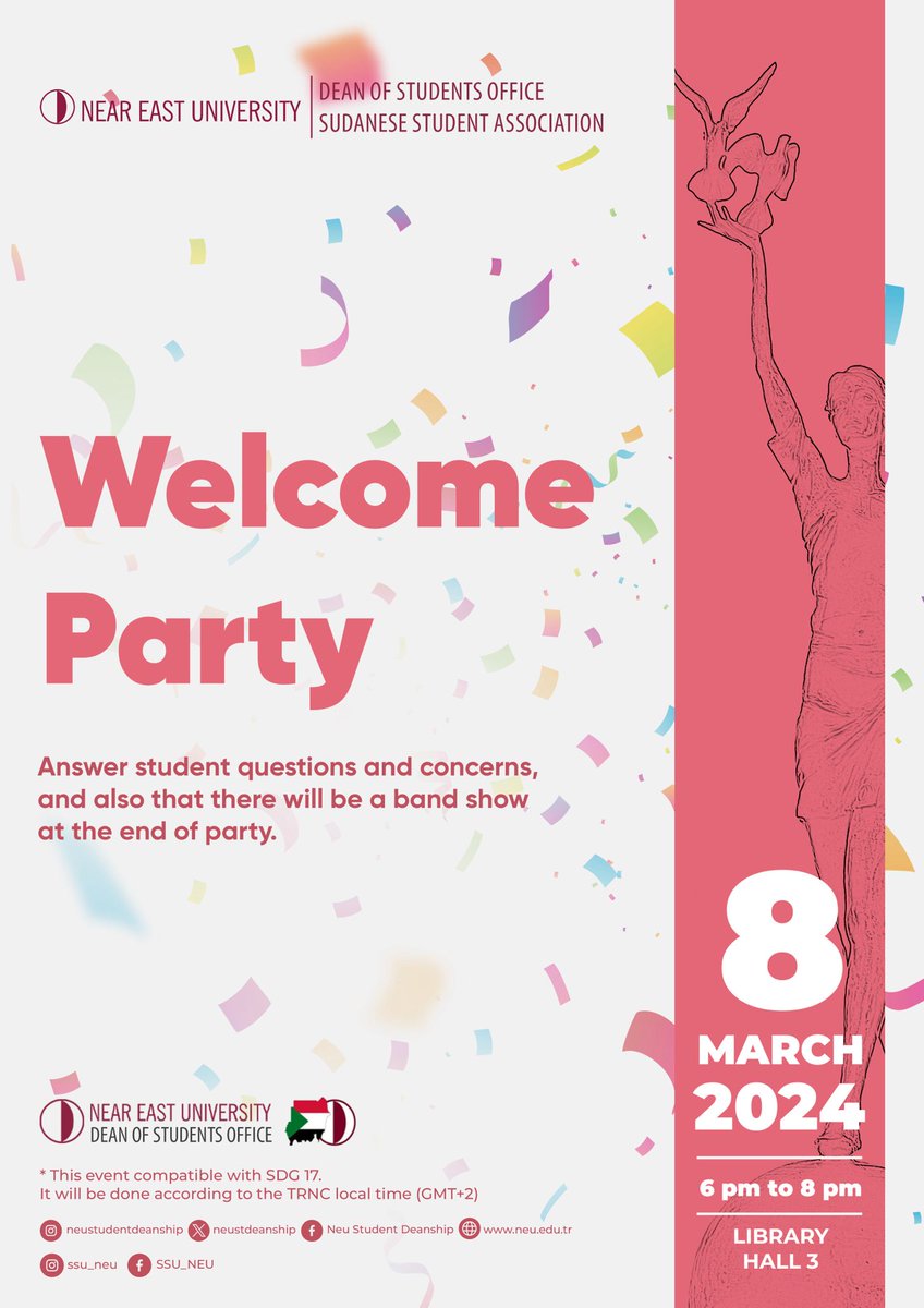 💢💢 A welcome party is going to be held by the sudanese students' association in the university 
.
Date: On the 8th of March 
.
Timings: From 6pm to 8pm 
.
Location: Grand library hall 3