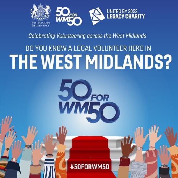 The West Midlands is turning 5⃣0⃣

To celebrate @WMLieutenancy are celebrating volunteers across the region. 

👏Do you know a volunteer making a difference in our community? 

🏅Nominate your Sutton Coldfield volunteer hero here:  
unitedby2022.com/50forwm50/

#50FORWM50