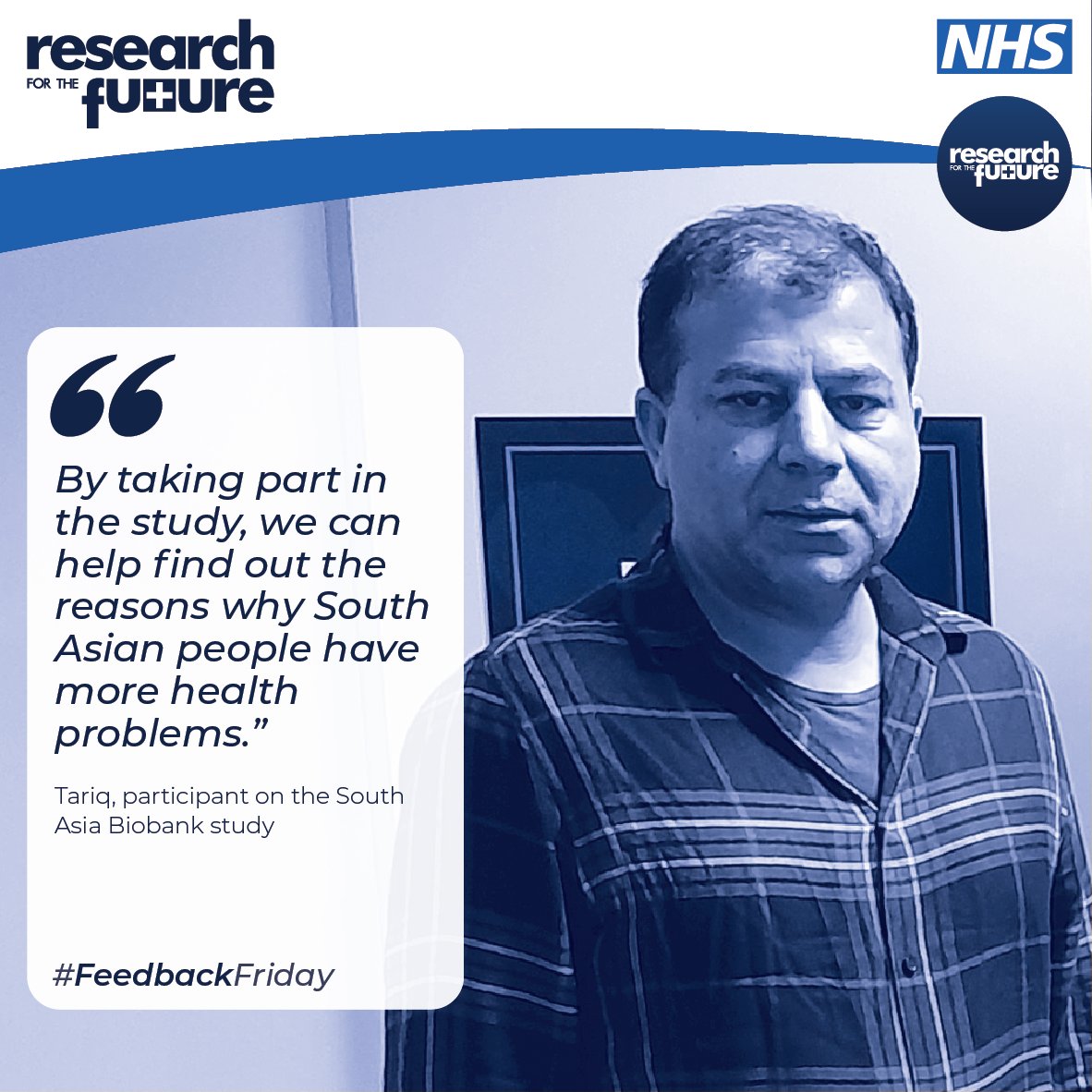 Research_Future's tweet image. “By taking part in the study, we can help find out the reasons why South Asian people have more health problems. Research can help our people, and all human beings.”

Tariq, participant on the @sabiobank study
#FeedbackFriday #ResearchForTheFuture