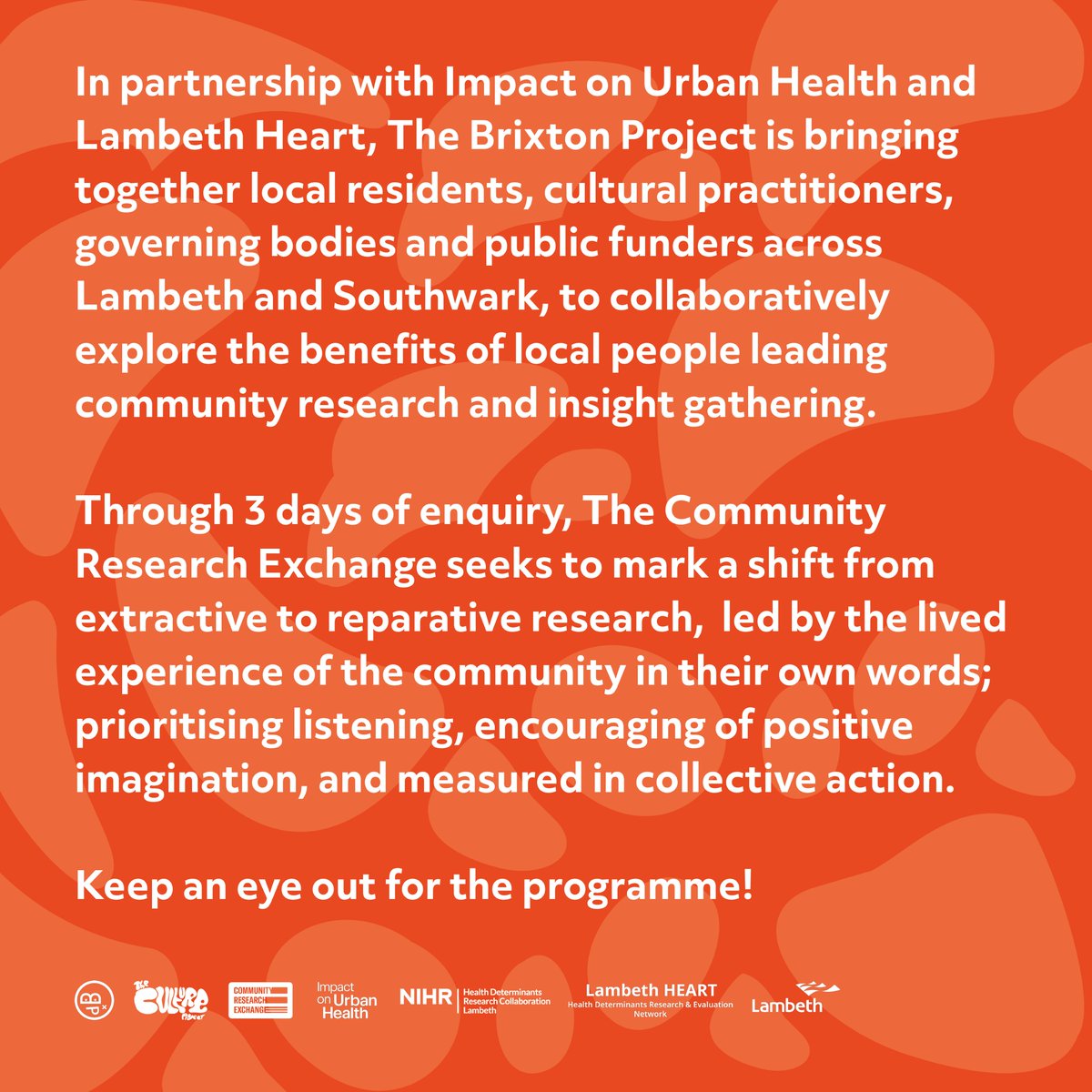 Join @BrixtonProject, @ImpUrbanHealth & Lambeth Heart for the Launch of The Community Research Exchange! 📅Sat 23 March, Tue 26 March, Wed 27 March 2024 ⏰ 10am-5:30pm daily 📍International House, SW9 7QE RSVP eventbrite.co.uk/e/community-re…